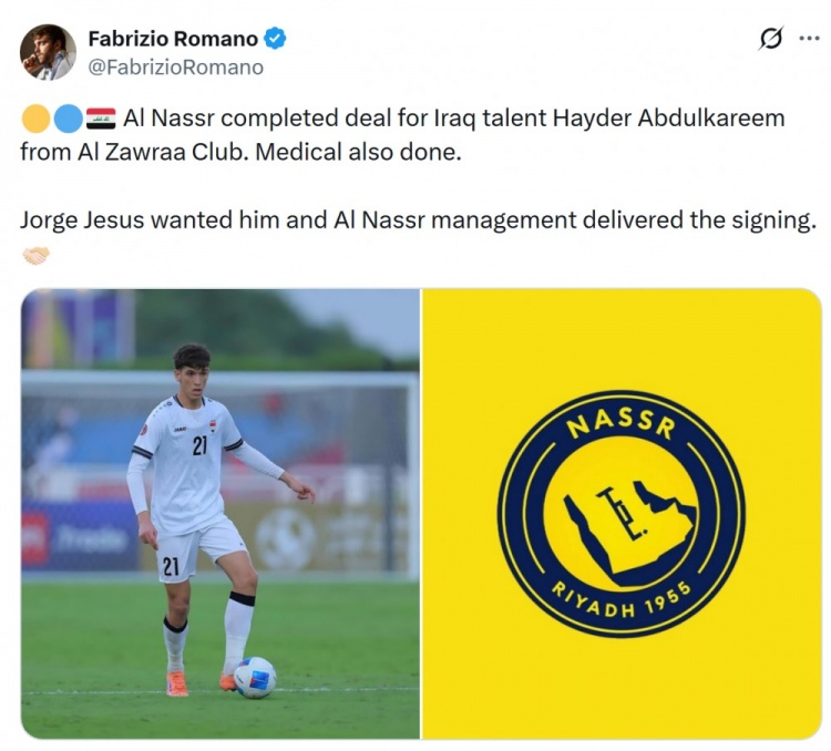 世俱杯-罗马诺：利雅得胜利将签下伊拉克中场海德尔·阿卜杜勒卡里姆